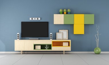 Mavi odada çağdaş Tv duvar ünitesi