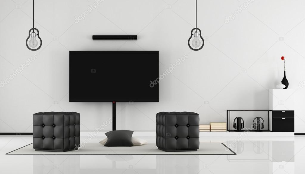 Black and white living room with tv set