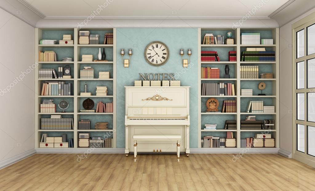 Klassieke woonkamer met klavier en boekenkast — stockfoto ... Bookcases woonkamer boekenkast