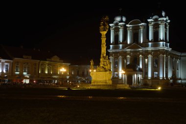 November 16, 2025 - Timisoara, Romania. Plague Pillar monument and in the background the Catholic Cathedral with night decorative lighting.