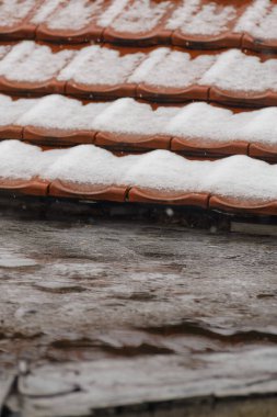 Karla kaplı kırmızı kiremit çatı