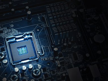 PC anakart closeup, mavi tonu