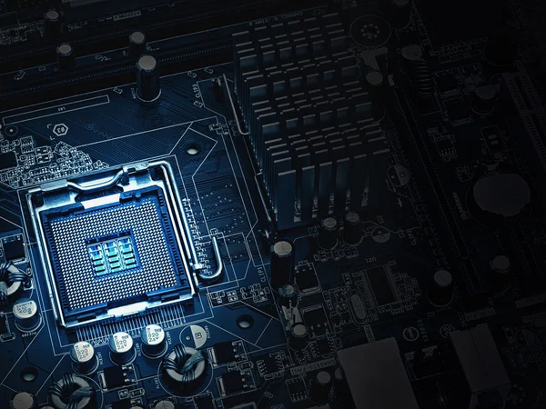 PC motherboard closeup, blue tone — Stock Photo, Image