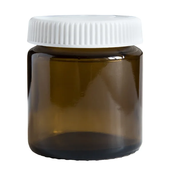 Pequeno frasco para injetáveis de vidro castanho isolado sobre fundo branco — Fotografia de Stock