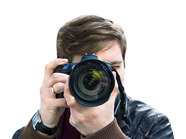 Photographer takes a picture. Front view, close-up — Stock Photo, Image