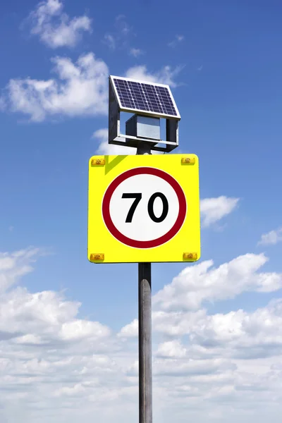 Road sign with lighting and solar powered — Stock Photo, Image