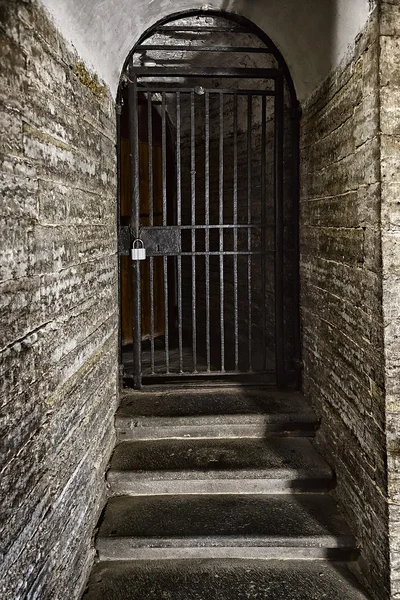 Old door made of steel grating in the stone wall — Stock Photo, Image