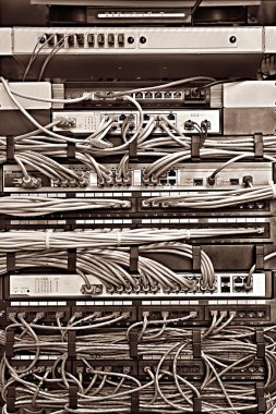 Patch panel sunucu rafı ile farklı renklerde kordonlar