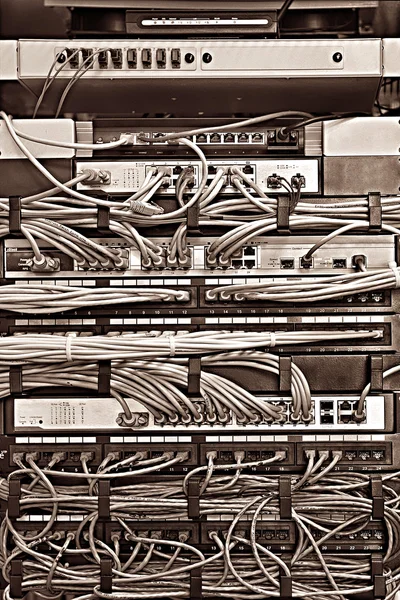 Patch panel serveru nosič s kabely v různých barvách — Stock fotografie