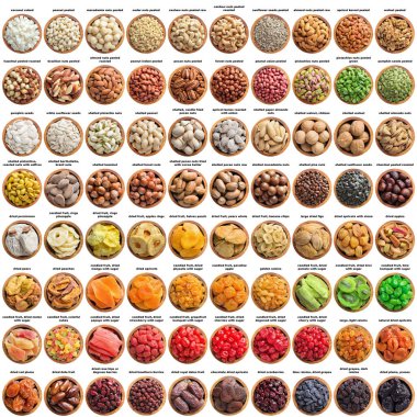 large collection nuts and dried fruit isolated on white background, top view. organic food and snack for healthy diet. clipart