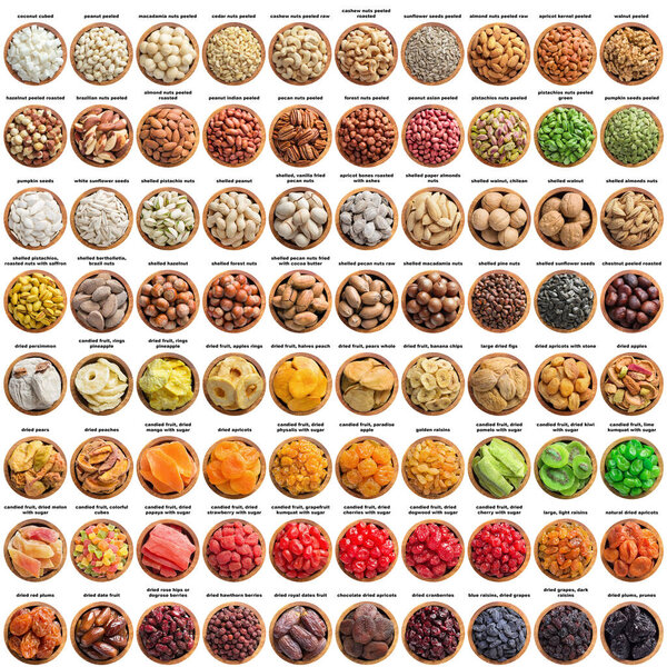 large collection nuts and dried fruit isolated on white background, top view. organic food and snack for healthy diet.