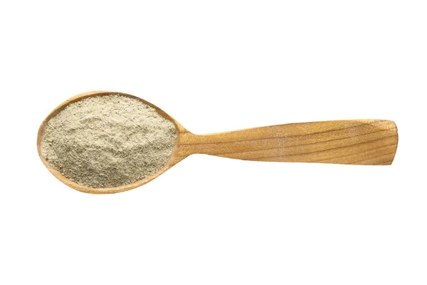 Blue Fenugreek Powder Adding Food Spice Wooden Spoon Isolated White — Stock Photo, Image