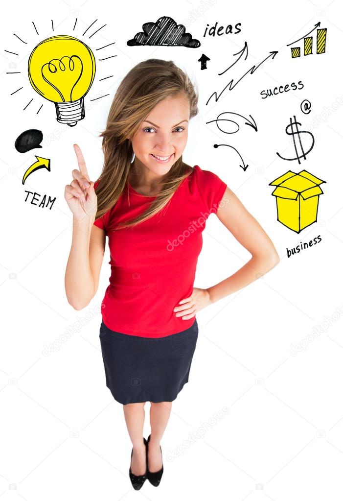Business woman pointing showing and looking to the side up at em