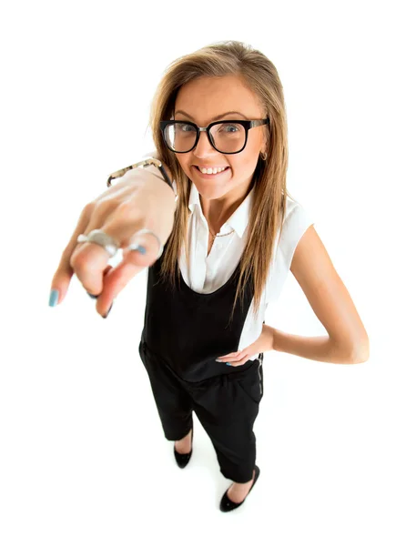 Suspicious upset angry and funny secretary taking off her glasse — Stock Photo, Image