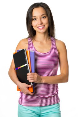 Sevimli genç çekici öğrenci kız renkli egzersiz boo holding