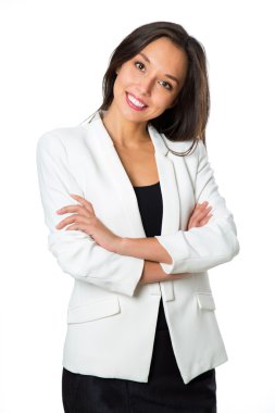 gülümseyen iş kadın, beyaz zemin üzerine izole. çapraz ar