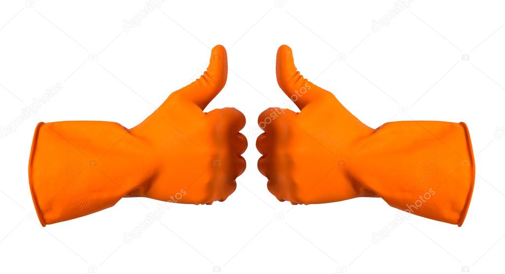 Orange gloves for cleaning on mens arm show thumbs up, isolated 