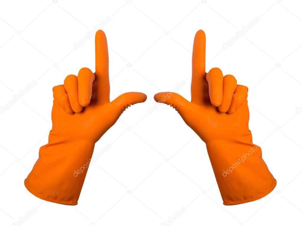 Orange gloves for cleaning on mens arm show finger up, isolated 