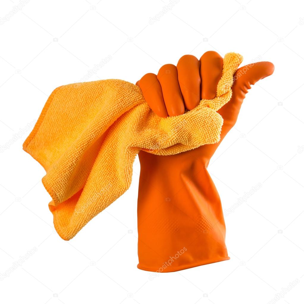Hand in orange rubber glove holds a orange rag - house cleaning 