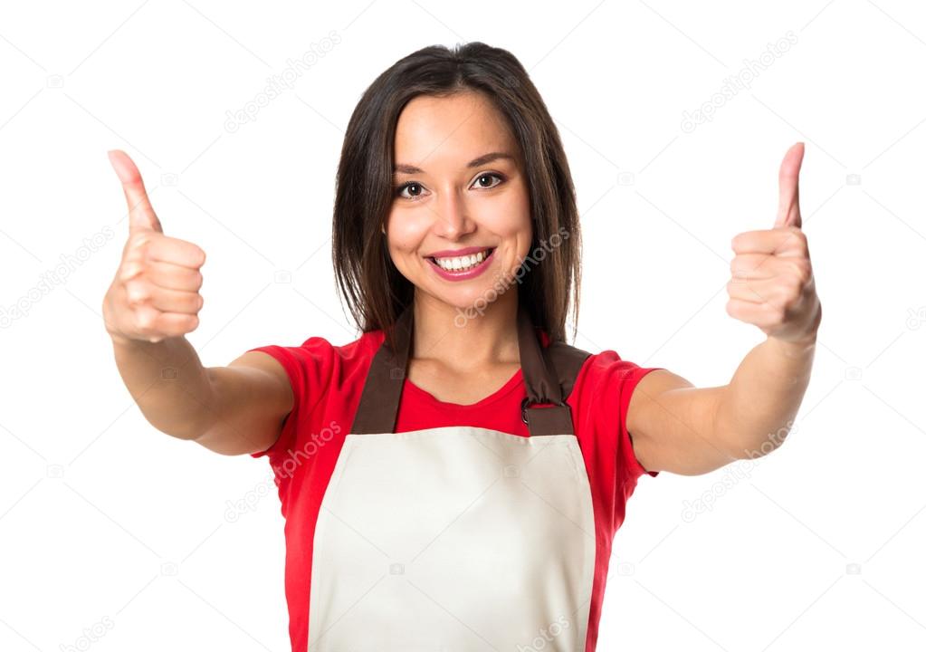 cooking, gesture and food concept - smiling female chef, cook or