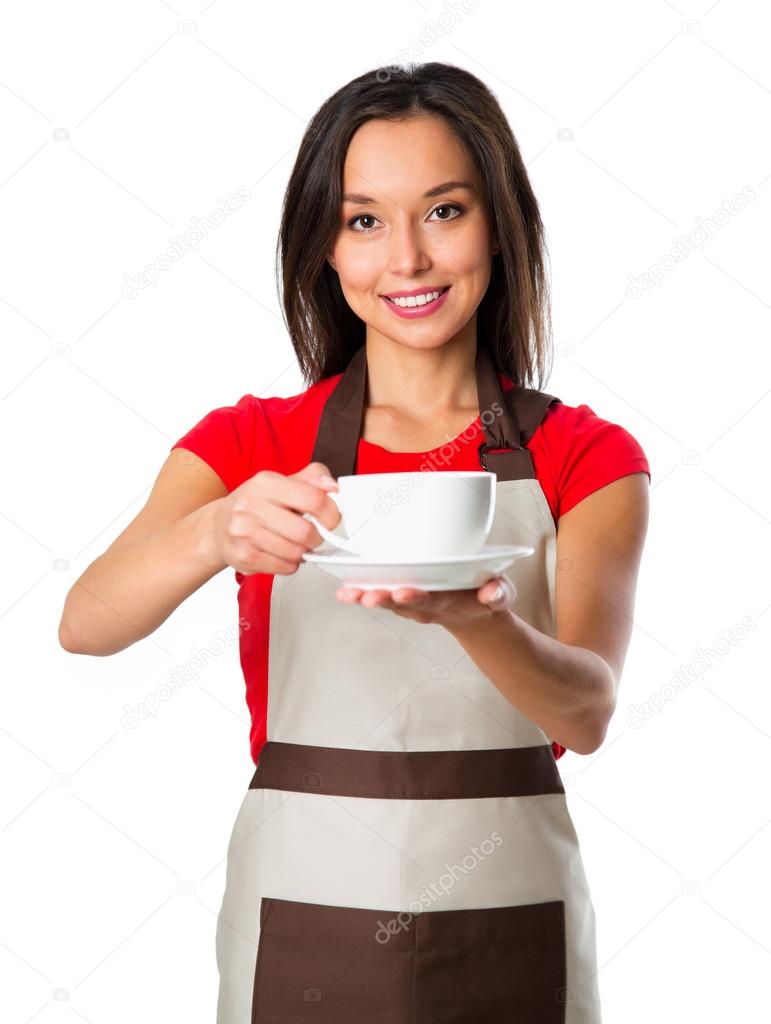 Coffee serving waitress. Young asian barista woman smiling showi