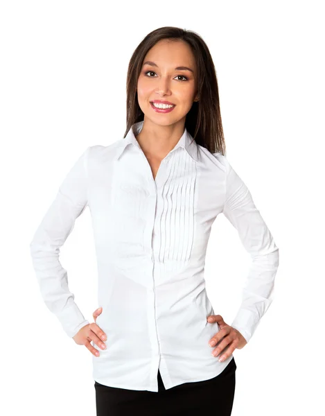 Mujer de negocios positiva sonriente aislada sobre fondo blanco. St. —  Fotos de Stock