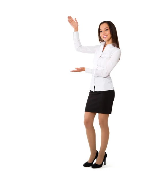 Mujer de negocios presentando un espacio de copia. Aislado sobre fondo blanco — Foto de Stock