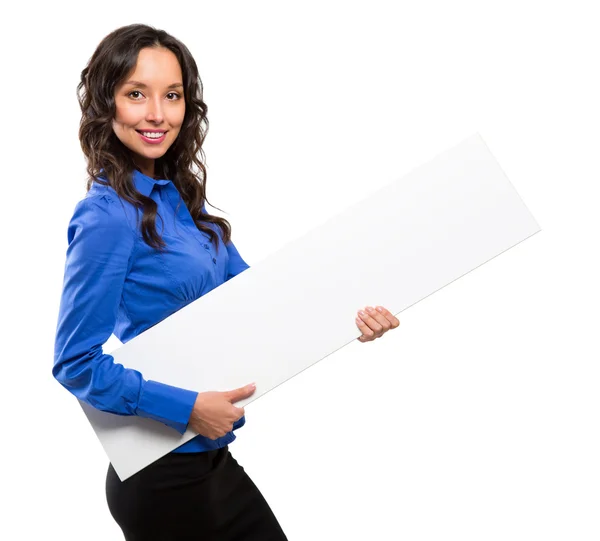 Smiling business woman hold white advertising board. White card. — Zdjęcie stockowe