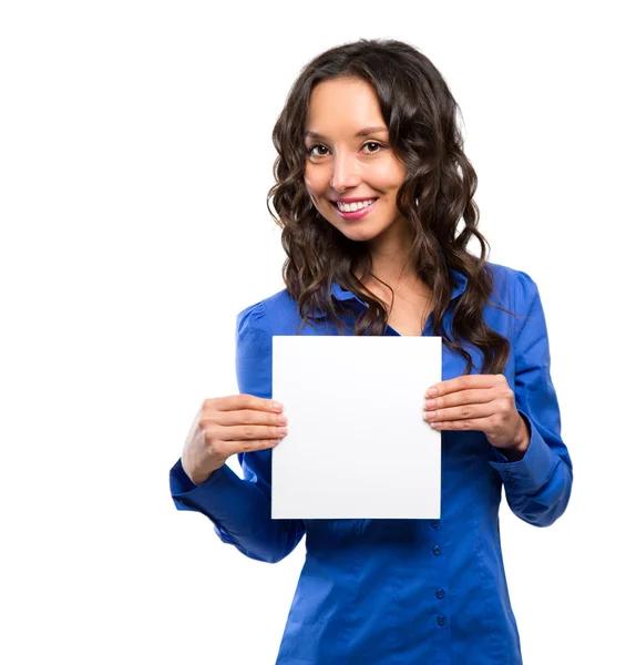 Business woman isolated portrait with white blank card. smiling — 스톡 사진