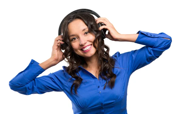 Young Happy Music woman isolated portrait. Female model studio i — Stock Fotó