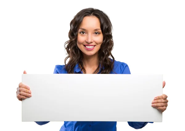 Smiling business woman hold white advertising board. White card. 스톡 이미지