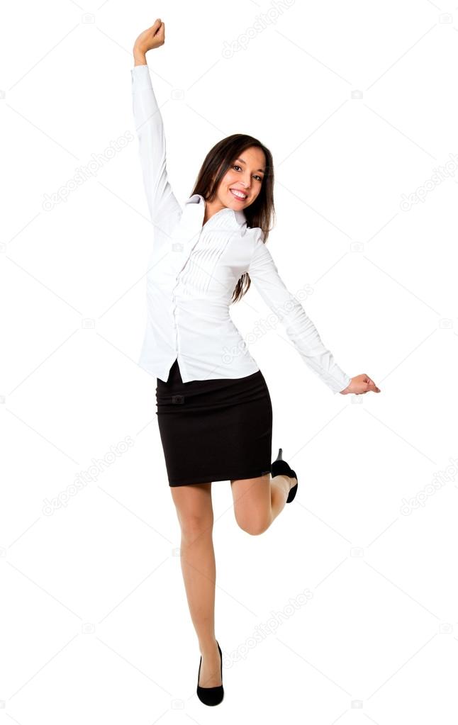 Beautiful happy young business woman isolated on white backgroun