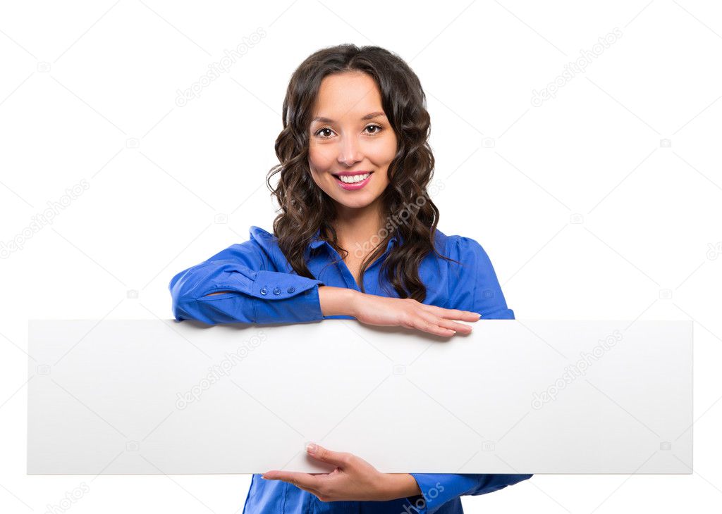 Smiling business woman hold white advertising board. White card.