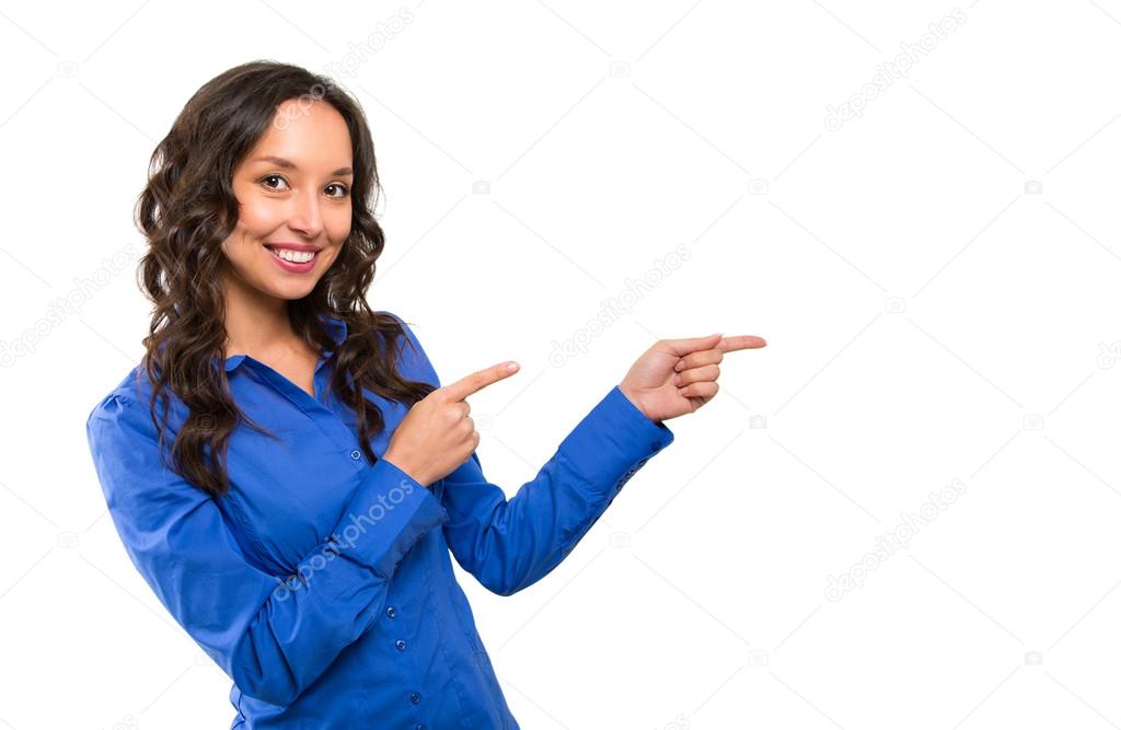 Woman copy space pointing finger. smiling business woman portrai