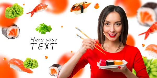 Chica de pelo blanco comiendo sushi con palillos, aislada en blanco — Foto de Stock