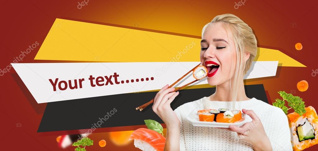 Young woman holding sushi with a chopsticks