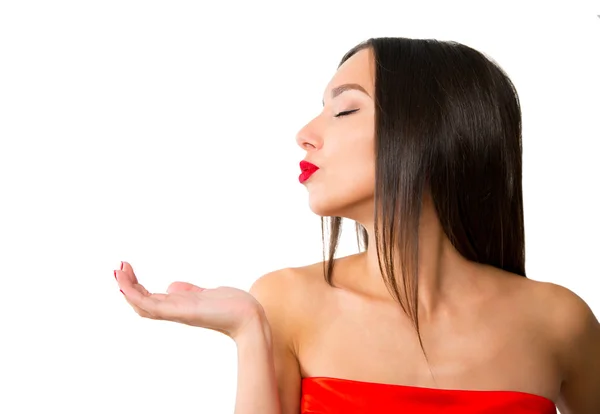 Portrait of attractive caucasian woman brunette isolated on whit — Stock Photo, Image