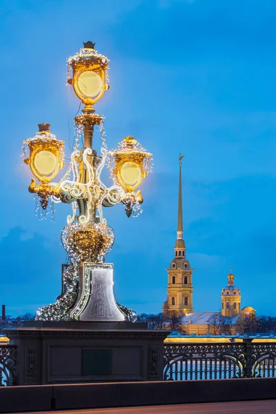 Russia New Year City Petersburg View Lantern Trinity Bridge Peter — Stock Photo, Image