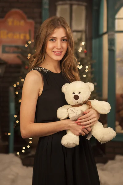 Portrait of beautiful girl with teddy bear Barney — Stock Photo, Image