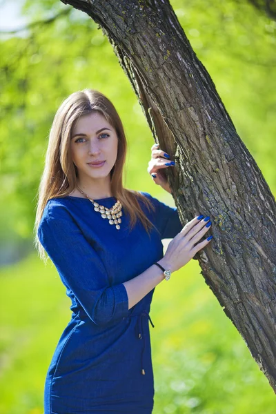 Chica joven en el vestido azul de pie en el árbol — Foto de Stock