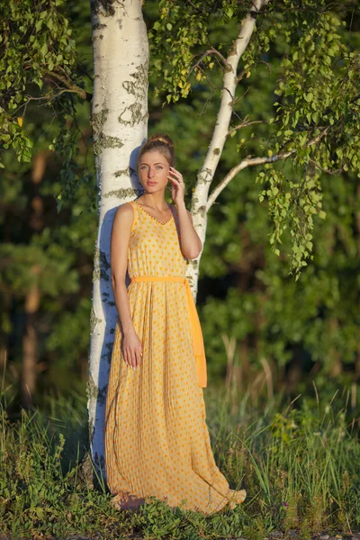 Niña en un vestido amarillo de pie en el abedul — Foto de Stock