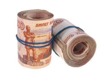 Beş bininci Rus banknotlar iki paket kauçuk konik