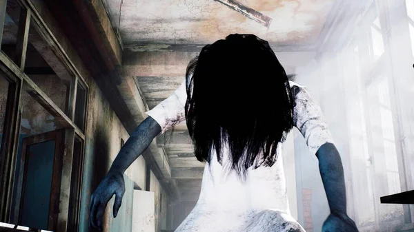 A horrible girl in a white dress, looking like a zombie, moves through an abandoned mystical house. View of an abandoned apocalyptic house. 3D Rendering.