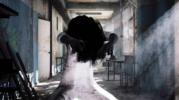 A horrible girl in a white dress, looking like a zombie, moves through an abandoned mystical house. View of an abandoned apocalyptic house. 3D Rendering.