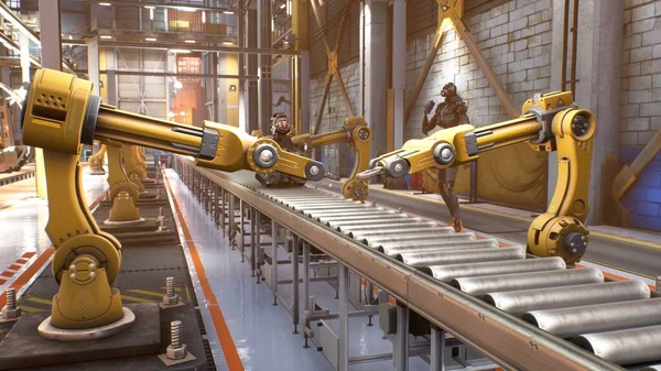 Automated robotic assembly line. Robotics works in a production line of robot parts in a factory. Technology and automation. 3D Rendering.