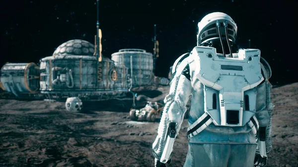 An astronaut approaches his rover at the space base of the future. 3D Rendering.
