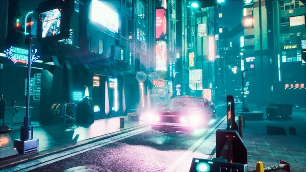 Flying cars rush along the neon night street of the city of the future. View of an future city. 3D Rendering.