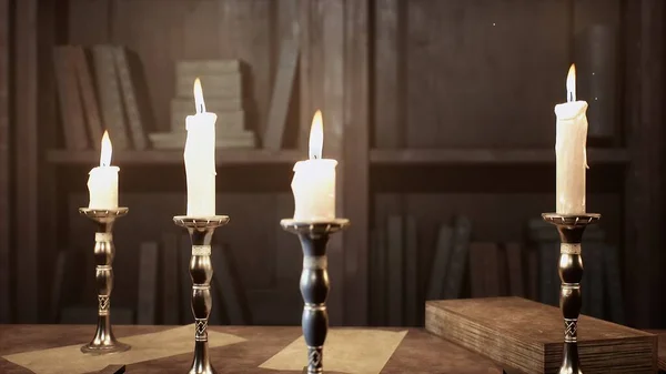 Candles on the table of an alchemist in a medieval ancient castle. 3D Rendering.