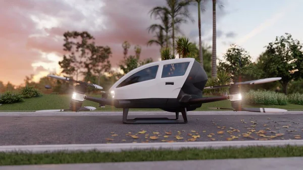An air taxi in unmanned mode takes off and goes to its destination. View of an unmanned aerial passenger vehicle. 3D Rendering.