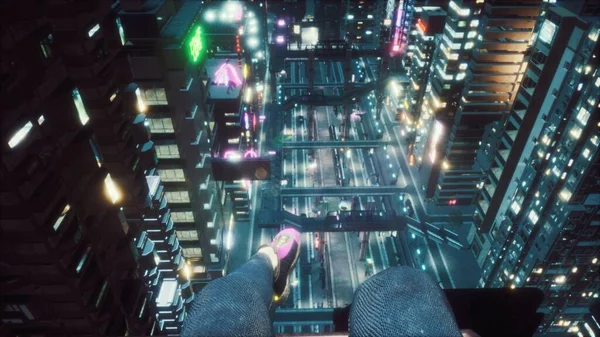 A girl sits on the roof of a skyscraper, dangles her legs and admires the neon city of the future. View of an future city. 3D Rendering.